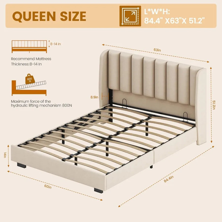 Queen size lift up storage bed frame with 51 tall headboard upholstered velvet wingback tufted design wood slats port