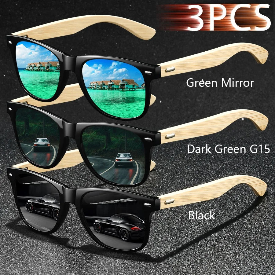 3pcs fashion vintage bamboo wood square sunglasses men women fishing driving man luxury brand designer sun glasses