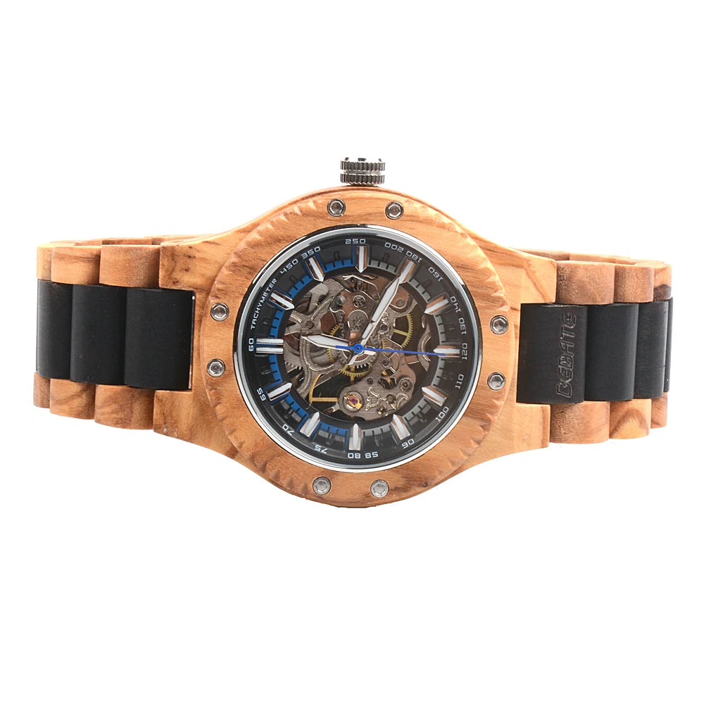 Classic mechanical wooden watches for men skeleton automatic self-winding lightweight men’s wood wristwatch