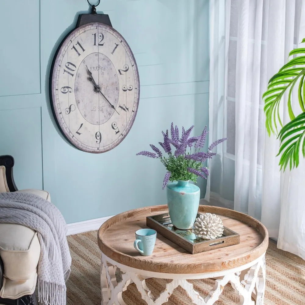 Rustic farmhouse style oval wall clock - 18 x 29 inches solid wood silent non-ticking battery-powered decorative for li