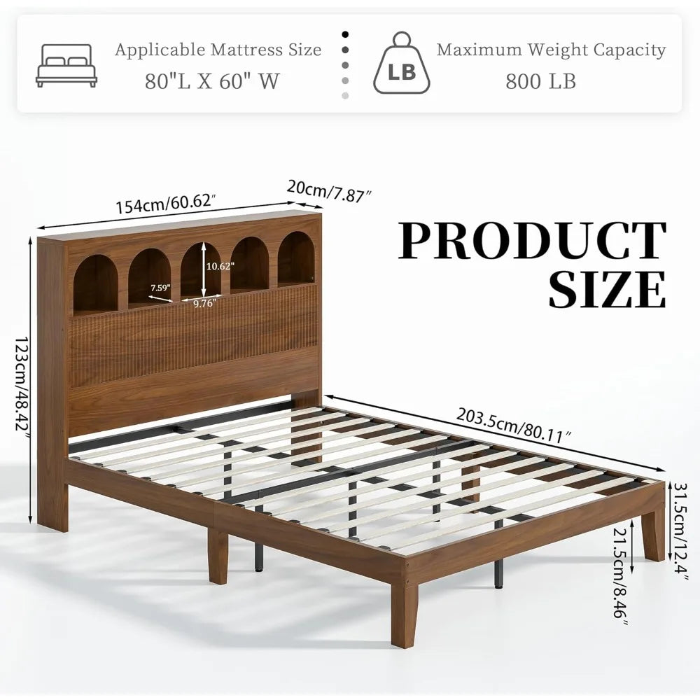Farmhouse style queen bed frame with storage headboard and 5 arched compartments 12.4 inch high wooden base no box