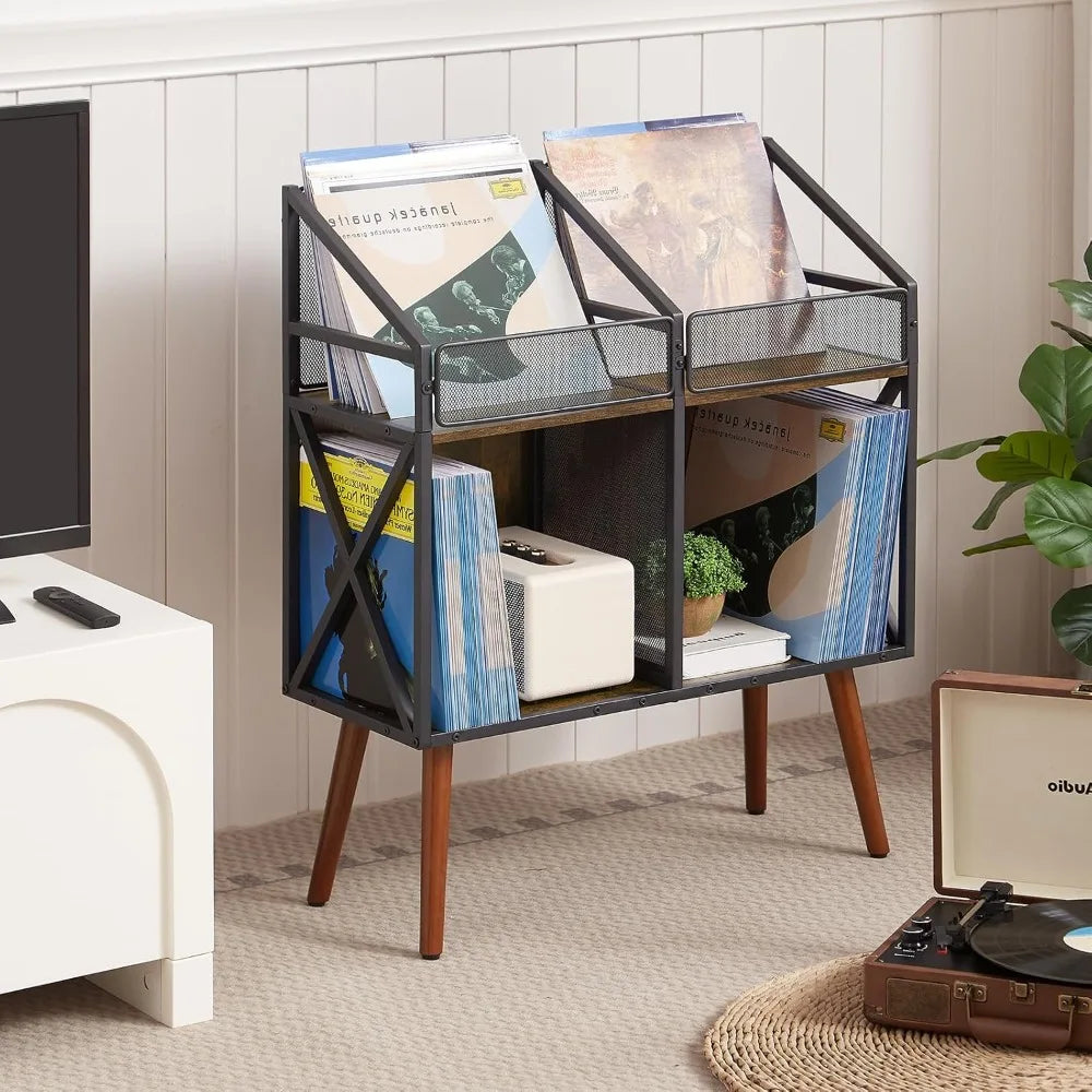 Wooden record storage rack for 250 lps display table albums books and magazines in living room or bedroom - united