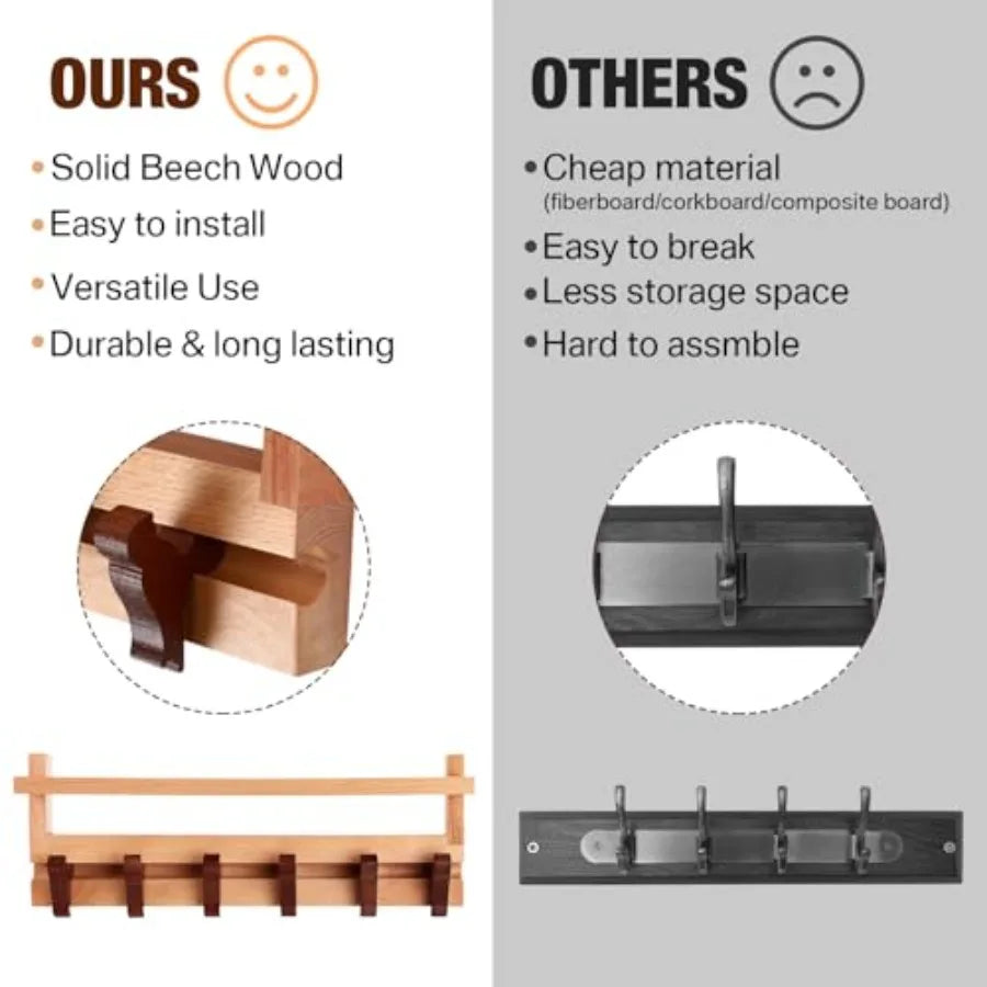 Wood wall mounted coat rack with shelf beech wooden sliding hook track 15’’ long 6 unique woodpecker shaped hooks