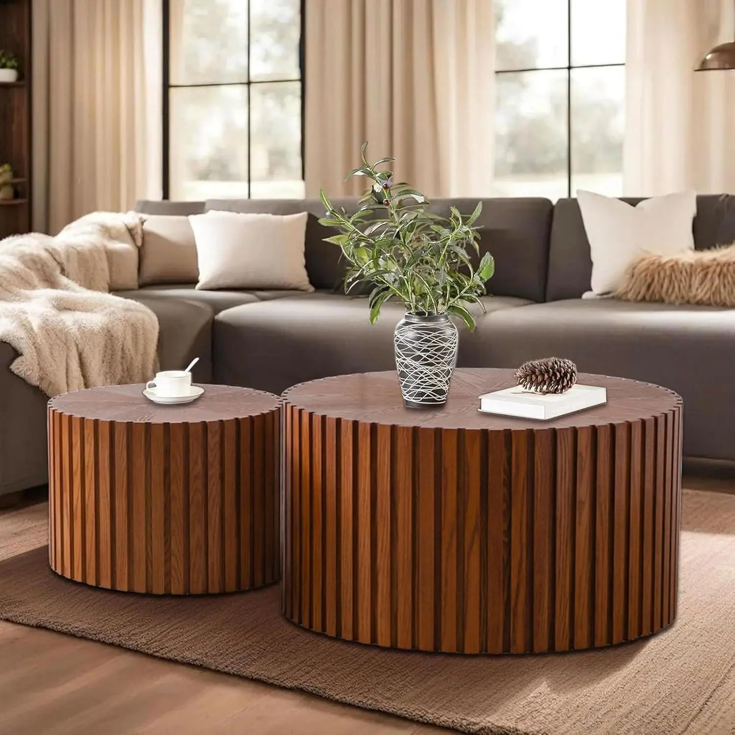 Handcraft round nesting coffee table - chic wave stripe edge modern stylish walnut wooden circle fluted center