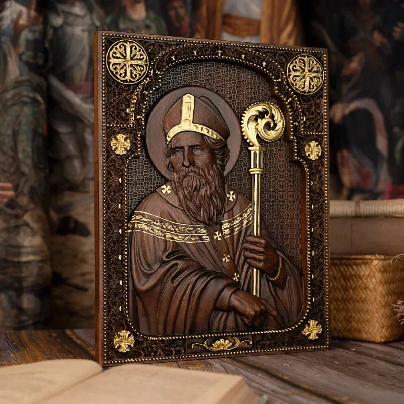 Religious vintage holy wooden carved saint patrick square plaque wall decor catholic gift - (christian)
