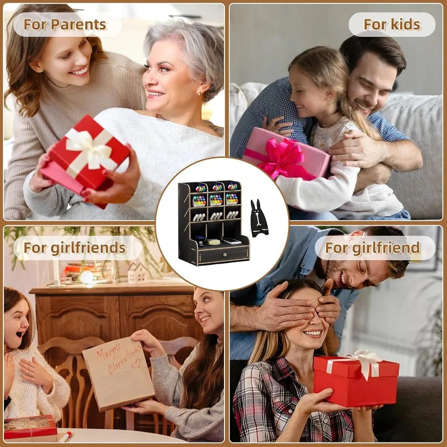 Wooden desk organizer multi-functional diy pen holder for home office desktop stationary storage with drawer easy