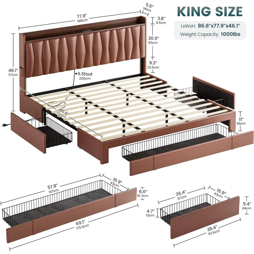 Frame with 3 storage drawers headbord charging station platform bed for bedroom living - united states