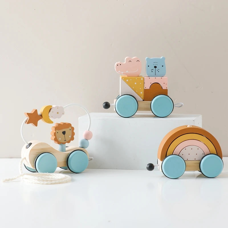 Wooden montessori toys animal block dragging stars moon surround train hand coordination stacking toy handmade