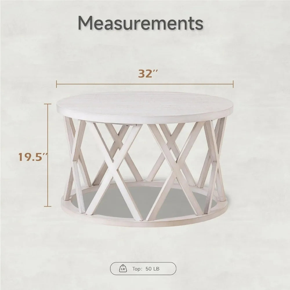 Farmhouse coffee table rustic round with x-motifs legs wood textured top for boho french country decor antique