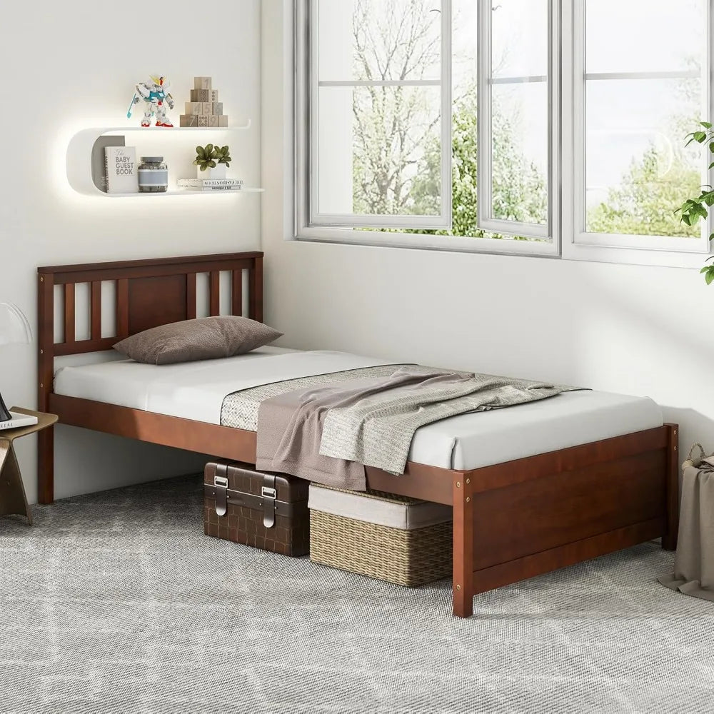 Giantex twin bed frame with headboard mid century solid wood platform single panel slat support no box spring ne