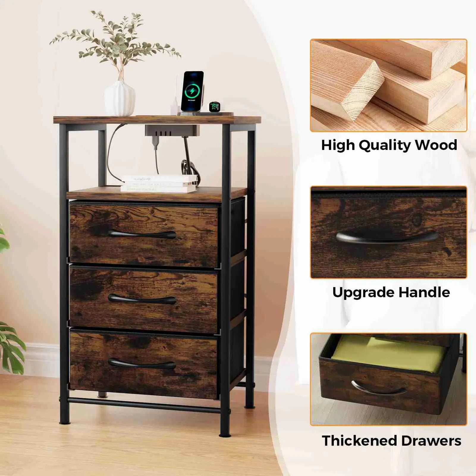 Bedside table brown color multifunctional iron and triamine plate nightstand side for living room bedroom - united
