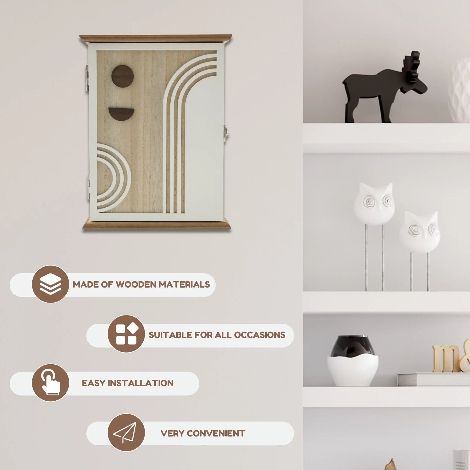 Wood key cabinet box wall mount vintage rack decorative holder with inner hooks storage for home office entrance