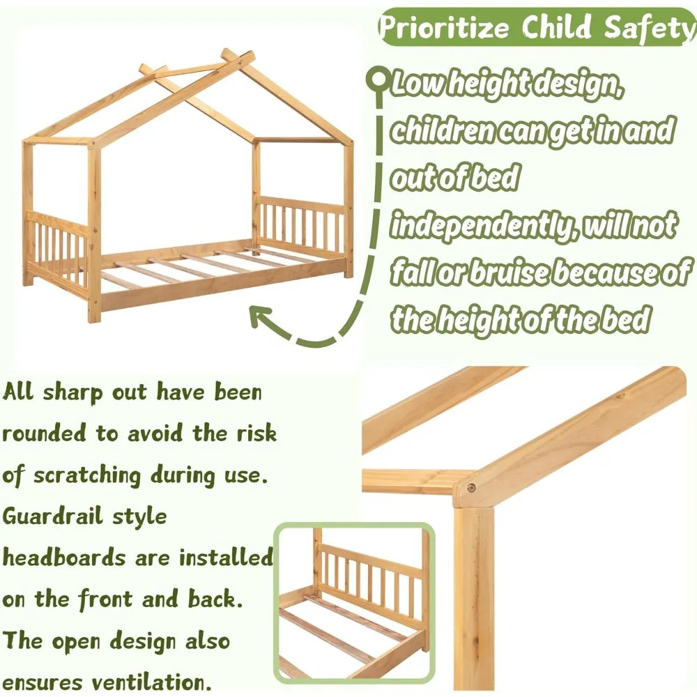 Bellemave floor house beds wood montessori bed frame twin size platform with headboard & footboard for kids boys girls