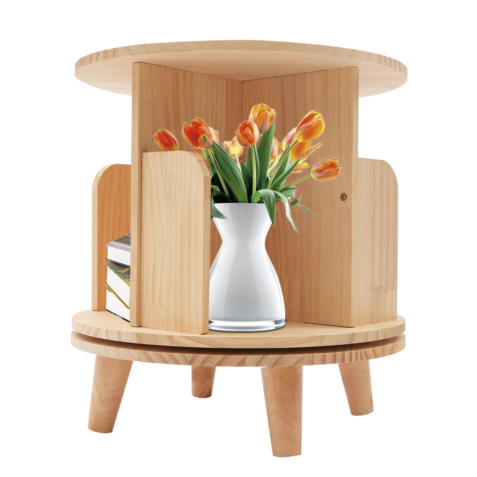 Revolving bookshelf new zealand pine wood 4 compartments strong load-bearing capacity (110lbs) minimalist design