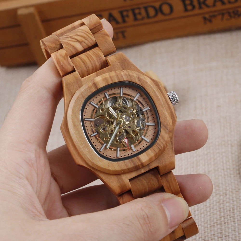 Luxury brown wood skeleton automatic watch classic steampunk-inspired design ideal holiday gift for men - wood watch
