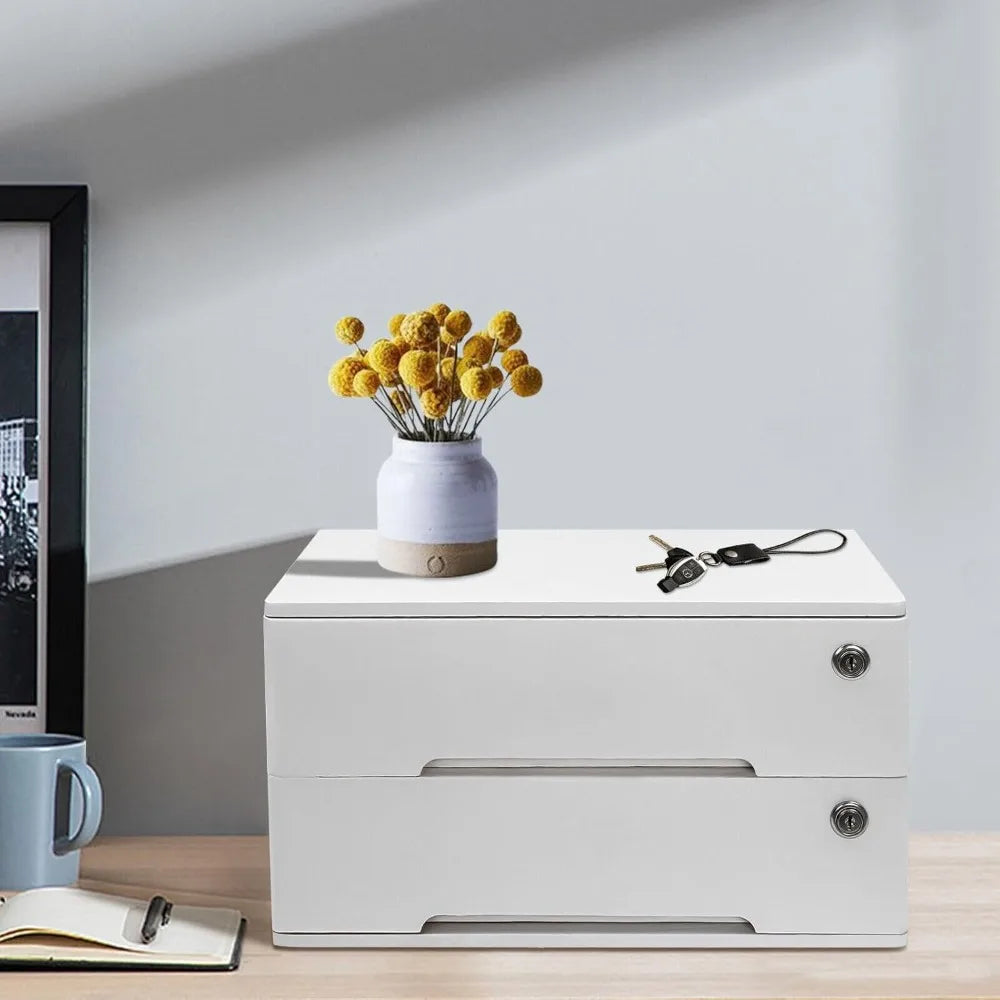 Wooden desk organizer with drawers lockable desktop countertop storage cabinet home file tabletop (2 drawer white)