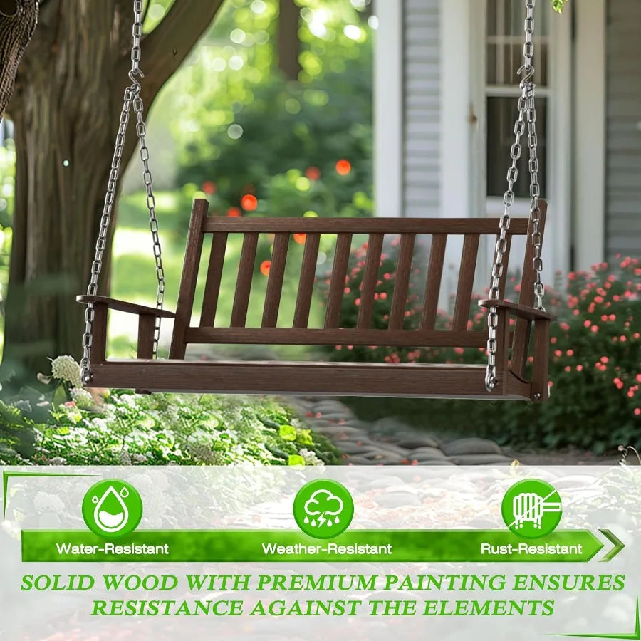4 ft wooden outdoor porch swing hanging bench chair with chain heavy duty 550lbs for deck garden yard rustic - united