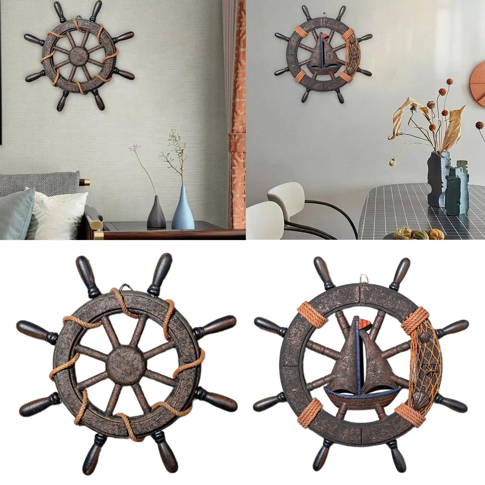 Wall art decor nautical wheel sculpture wooden ship steering boat rudder for club living room bar fireplace farmhouse