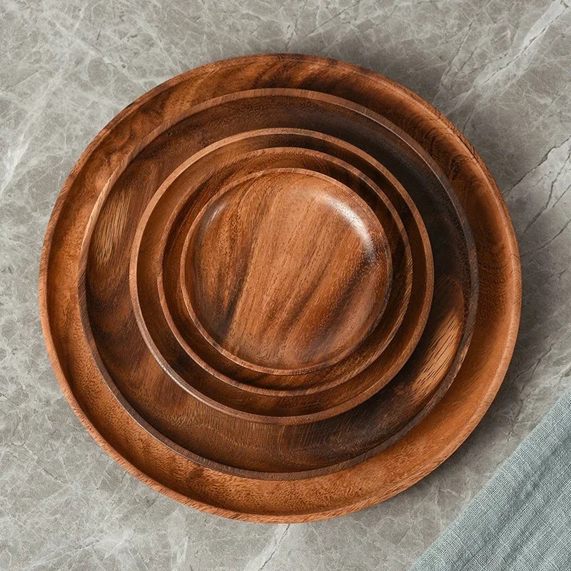 Japanese household dishes acacia wood round tableware salad dessert tray vintage dinnerware set plates serving platter