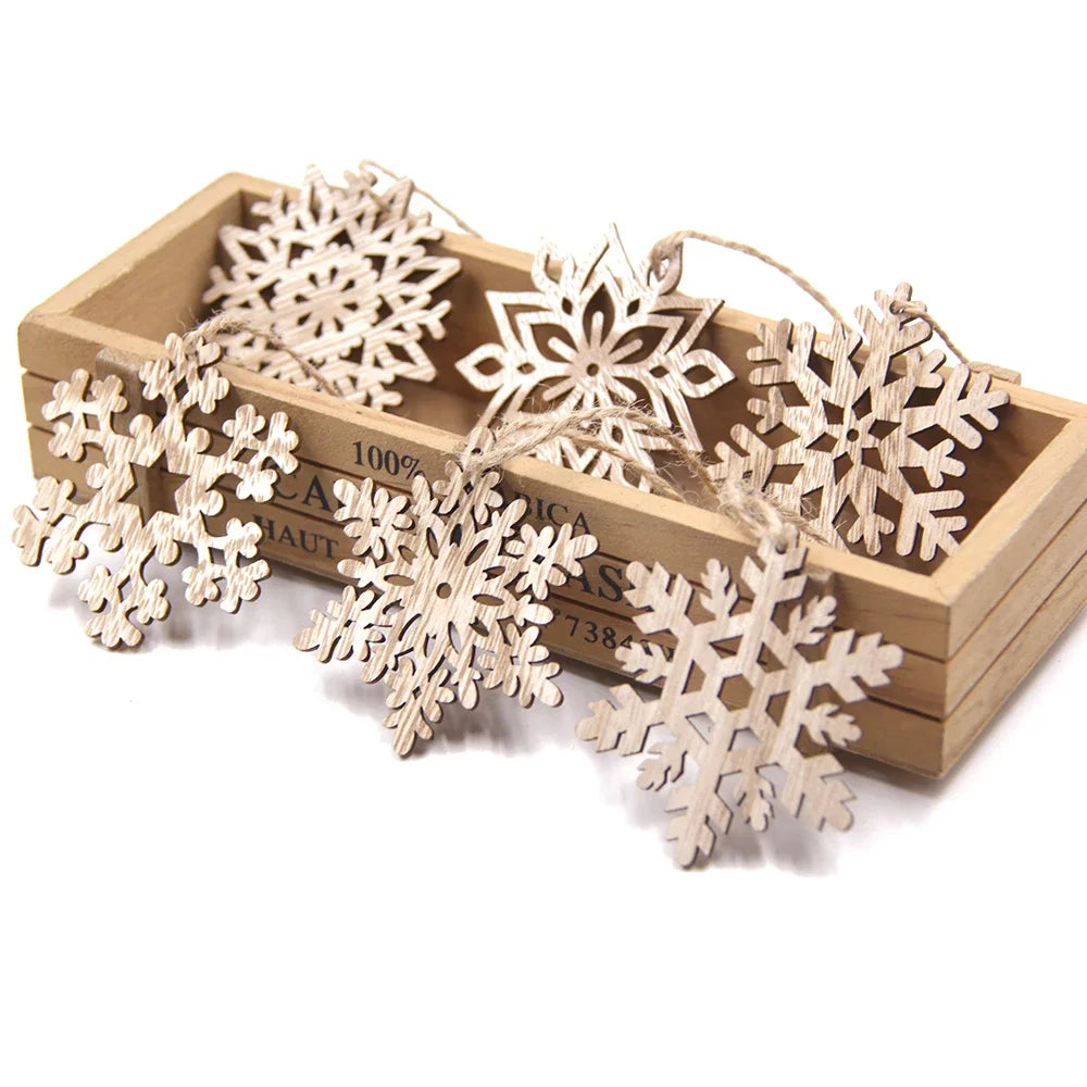 12pcs/box wooden hollow snowflake christmas vintage pendants xmas hanging ornaments for noel tree decorations diy