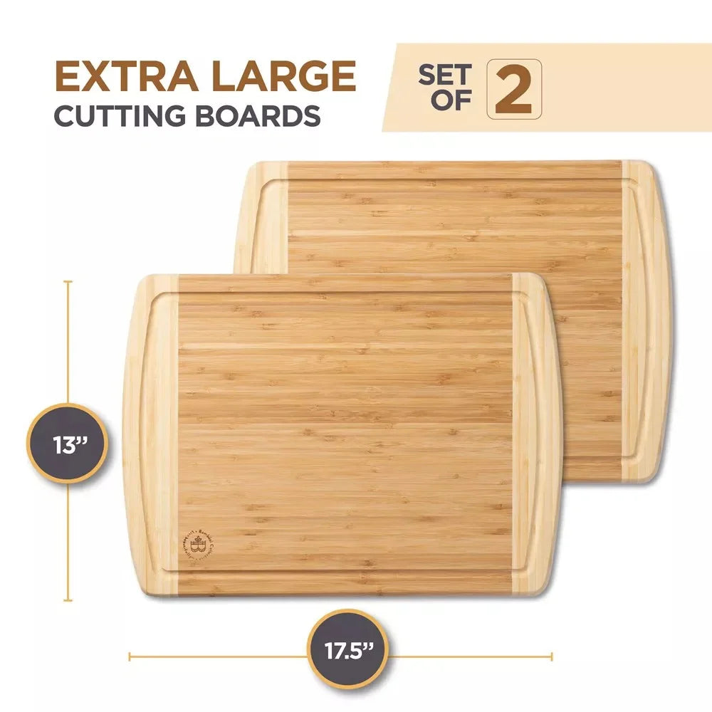 Large bamboo cutting boards set 2 pack deep juice groove charcuterie serving tray non-slip durable kitchen chopping