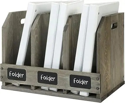 Vintage gray wooden 3-compartment magazine holder with chalkboard label desk document organizer for home and office