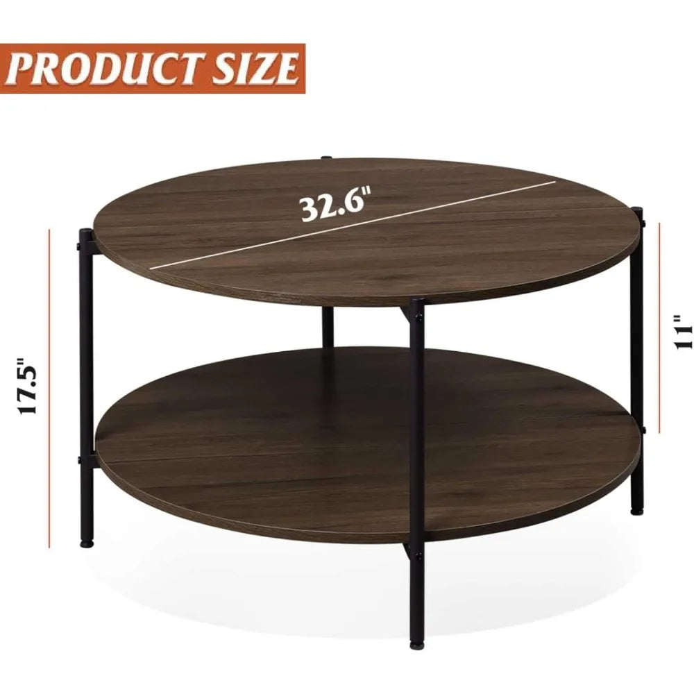 Round coffee table for living room 32.6’’ small with open storage shelf 2-tier industrial circle wood center tabl