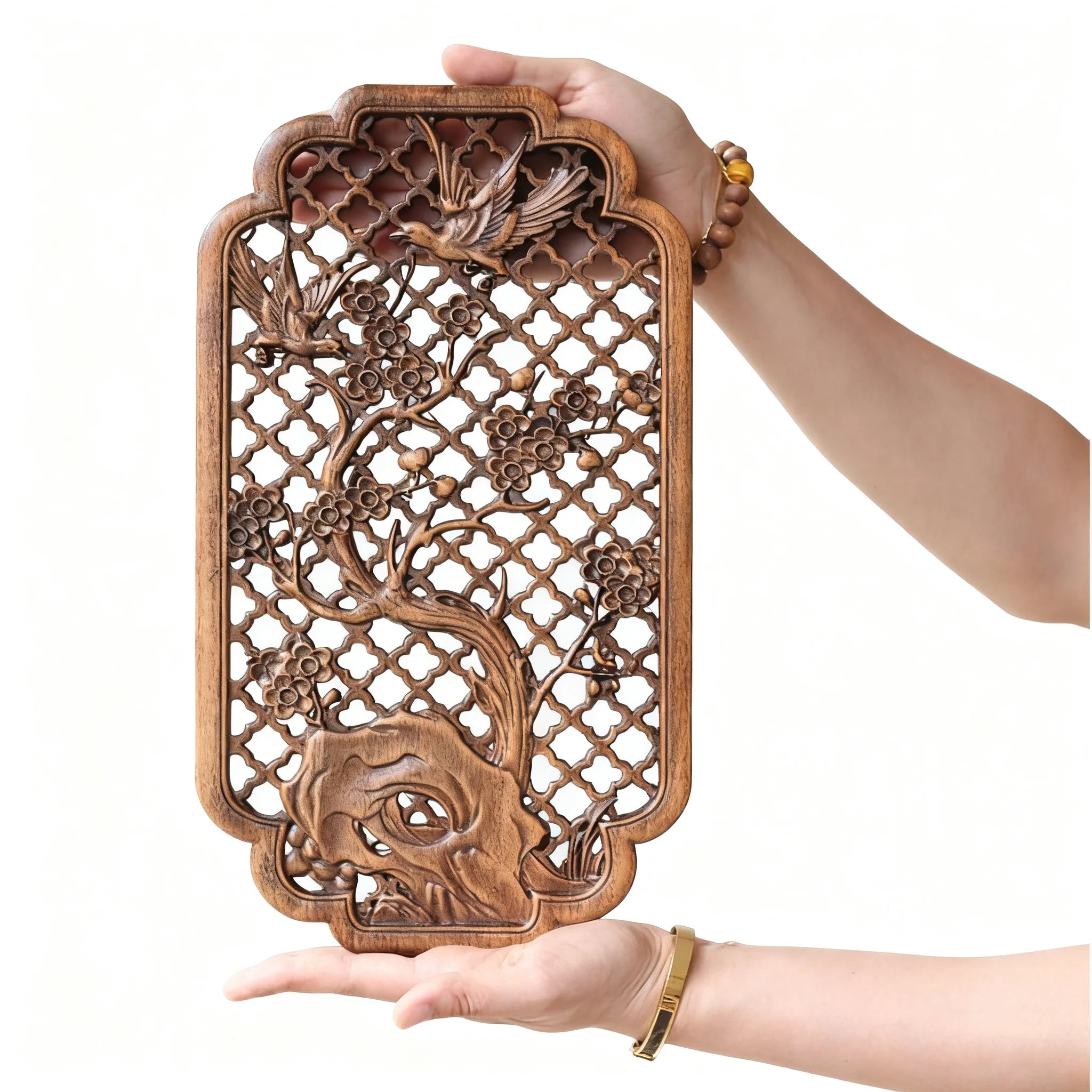 Chinese classical hollow wood carving crafts camphor wall hanging background home decoration height 35cm