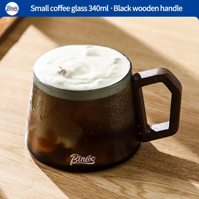 Bincoo 340ml transparent heat-resistant espresso cup glass coffee mug with wood handle cappuccino latte tea water cups