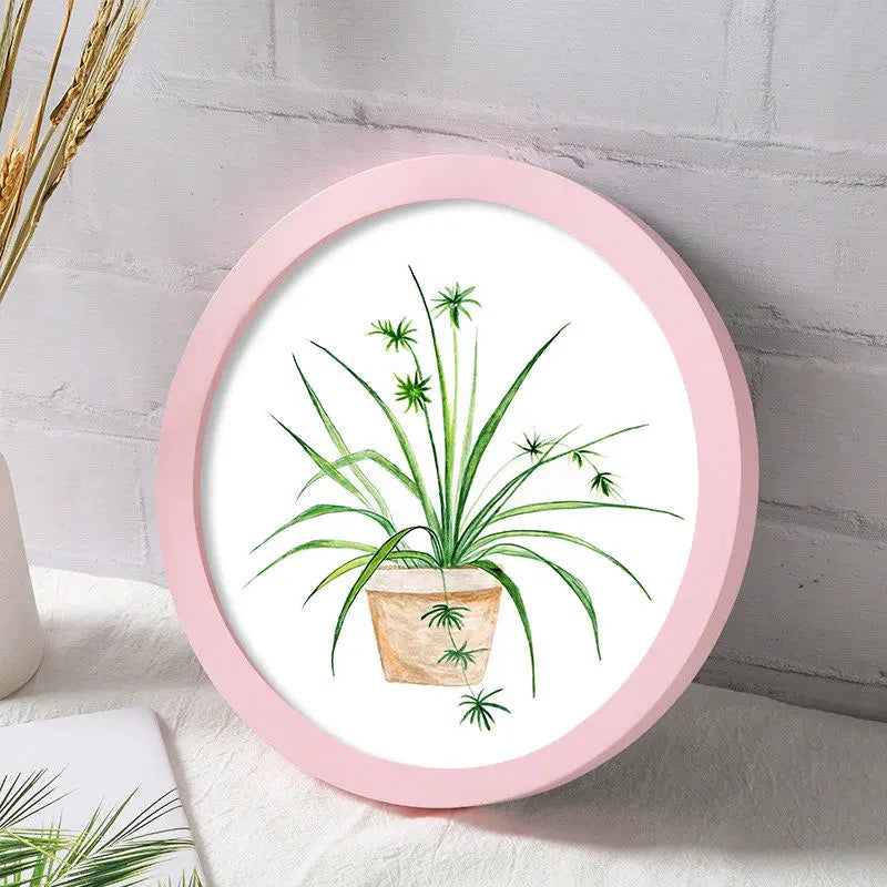 Classic wood round photo frame simple nordic style picture frames hanging solid color background wall decoration - pink