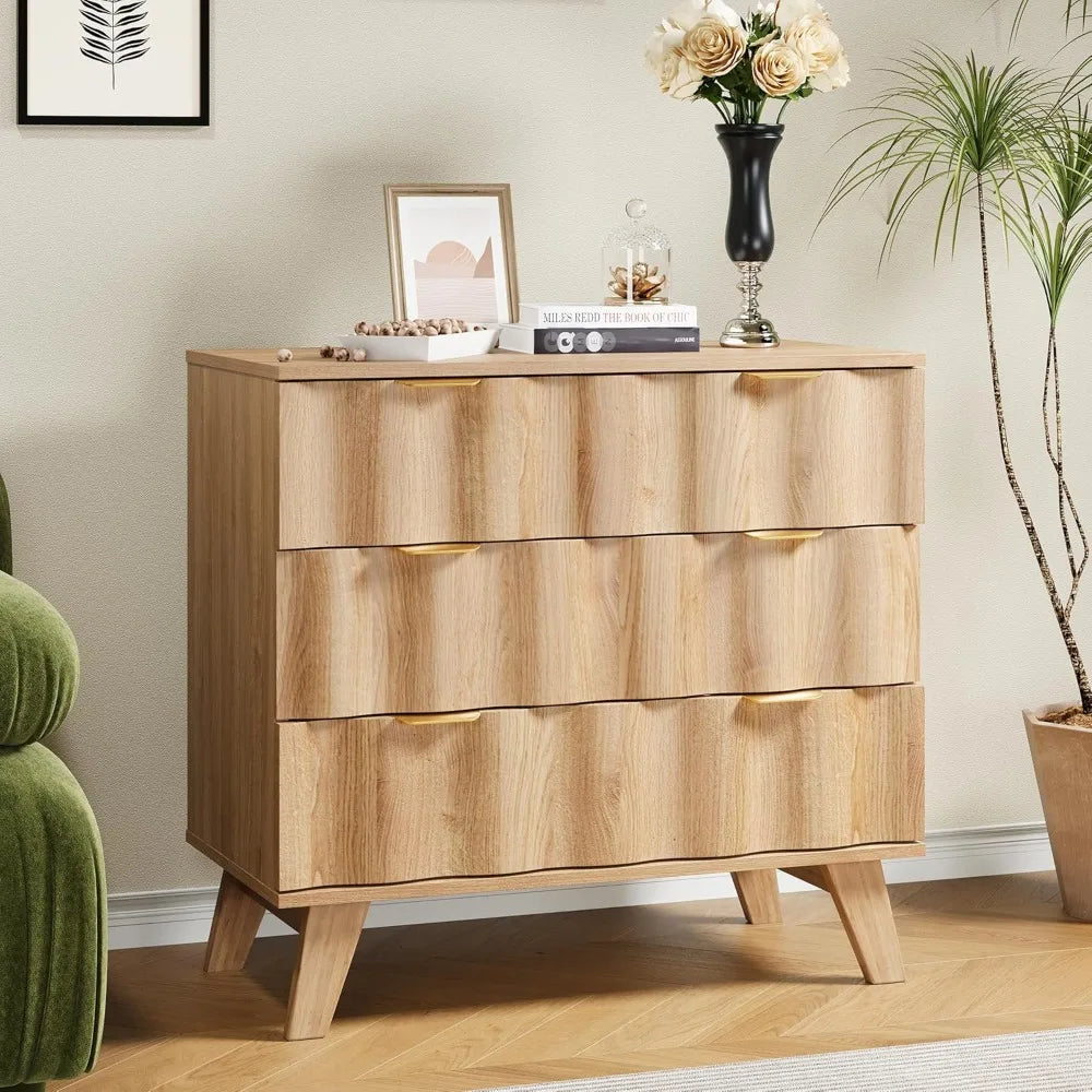 3 drawer dresser modern fluted chest of drawers with metal handles and wooden legs storage organizer accent cabinet f