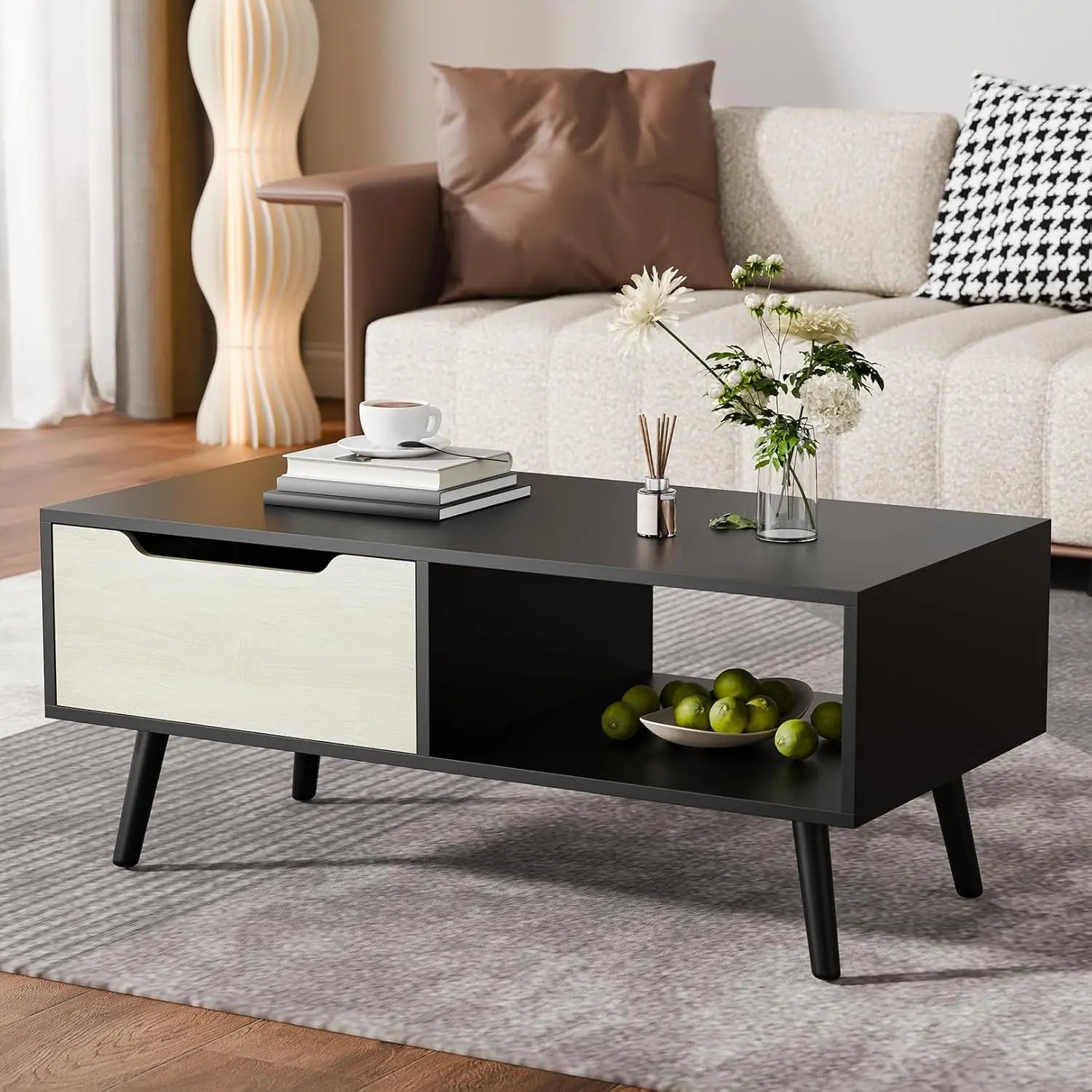 Modern coffee table wooden cocktail with storage minimalist hallway mid century - black / united states