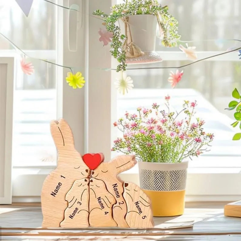 Personalized wooden bunny puzzle family name custom sculpture gift for christmas unique decor mom - 5 rabbits