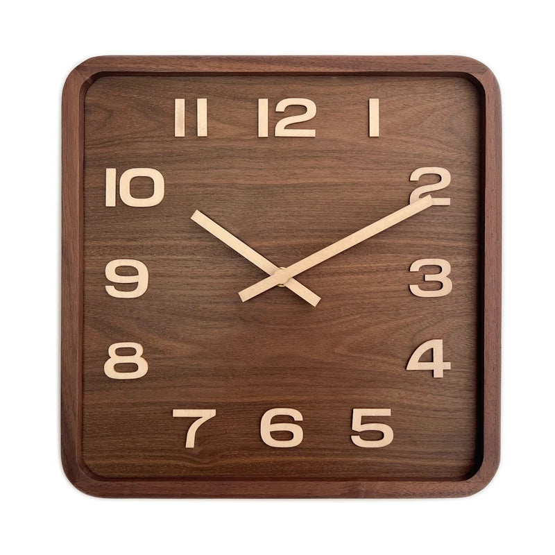 Solid wood square wall clock retro walnut silent chinese punch-free living room