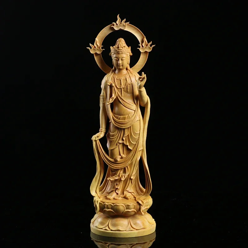 23cm boxwood carving furnishing ornaments wood crafts buddha statue gifts guanyin sculpture decoration - religious