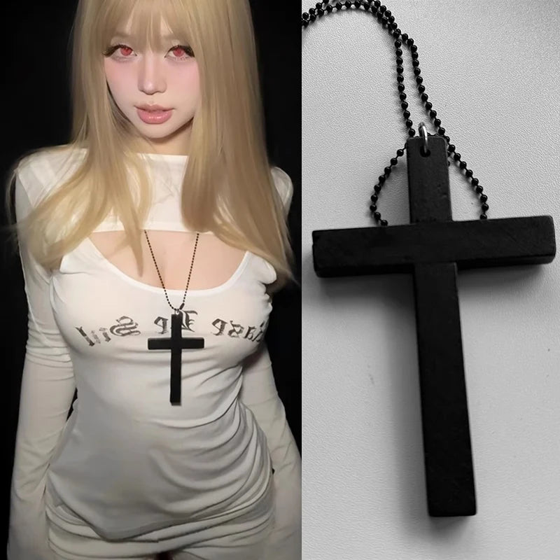 New gothic cool y2k wood cross pendants necklaces unisex black white red hip hop charm chain choker necklace fashion