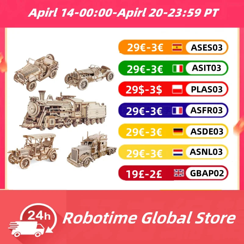 Robotime rokr classic car 3d wooden puzzle train army jeep heavy truck vintage 1:15 scale model building kits for kids