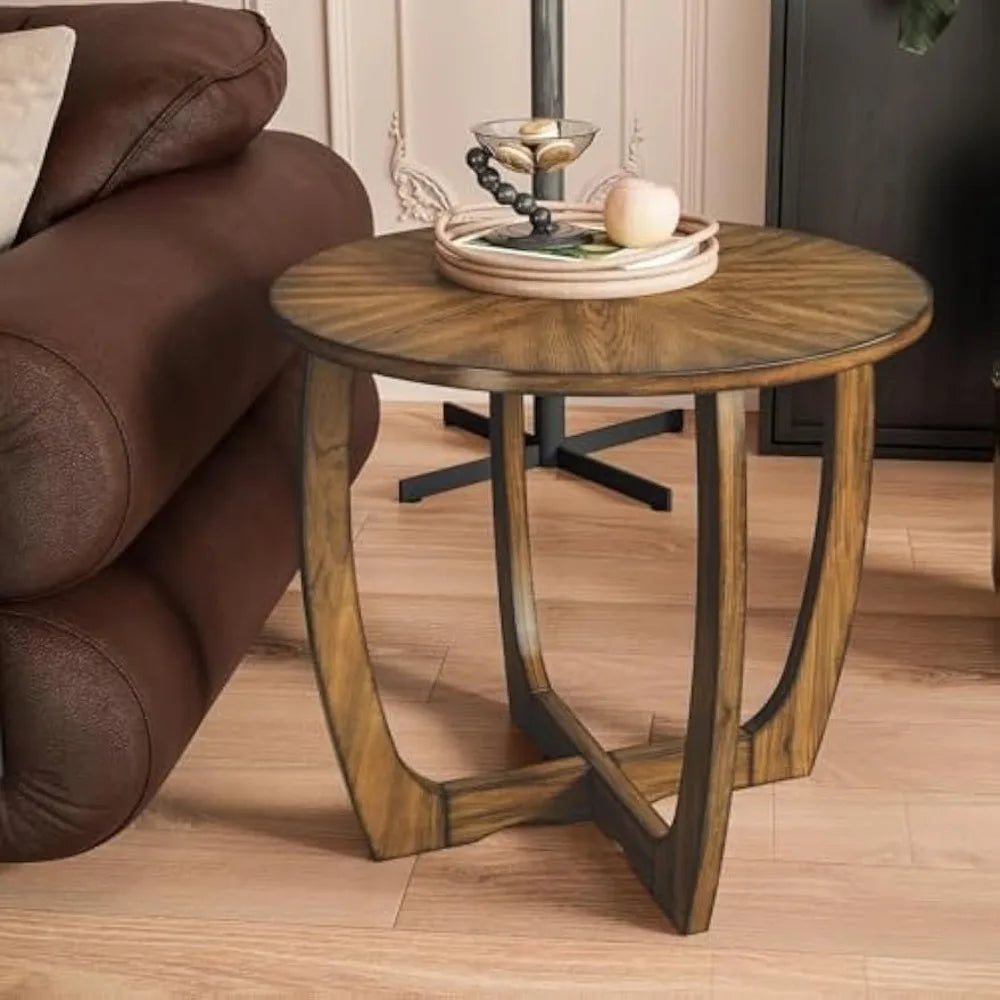 Mid century modern round end side table living room walnut solid wood 23.6’’ dia. Large drum - united states