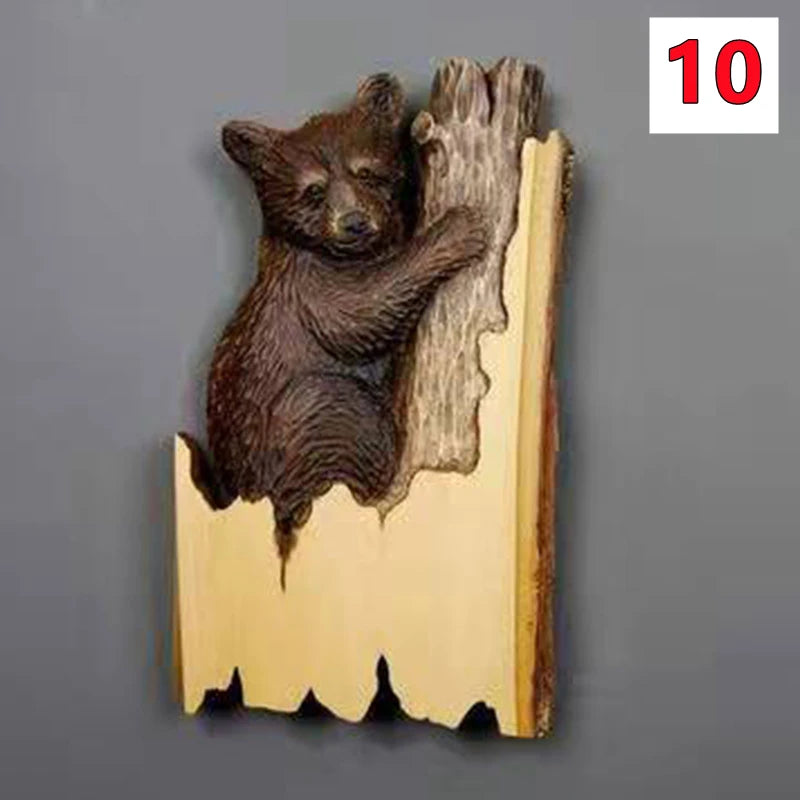Animal carving handcraft wall hanging sculpture wooden raccoon bear deer fox wolf hand drawn decoration home living