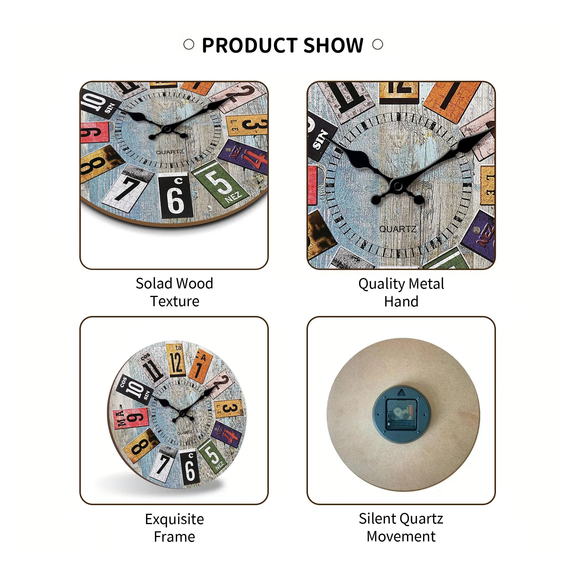 Nordic vintage style wooden wall clock light blue wood texture with colorful arabic numerals design silent f