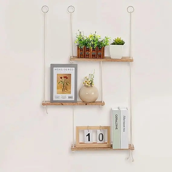 Boho wall shelves for plants - 3 tier macrame hanging wooden storage floating rope shelve - united states / b0dy74yxlq