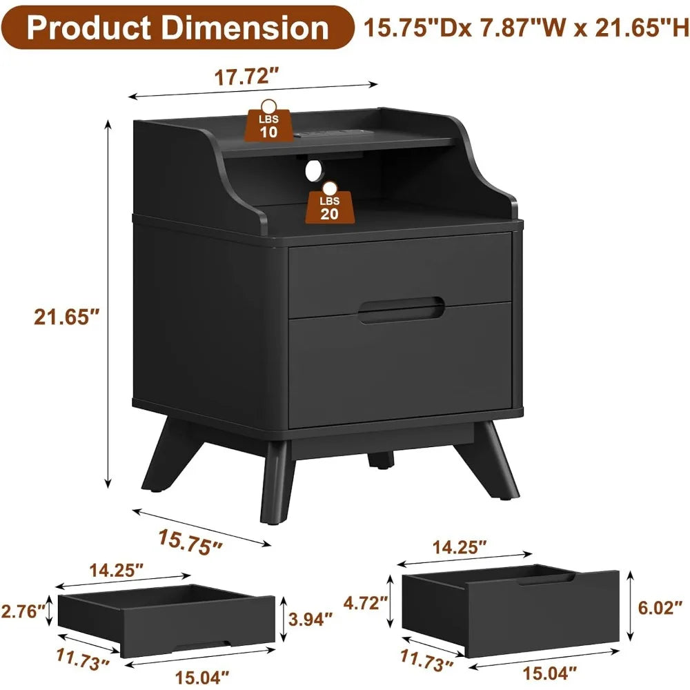 Nightstand with charging station 21’’ tall w/2 storage drawers wood night stand hidden handle 17’’ wide modern