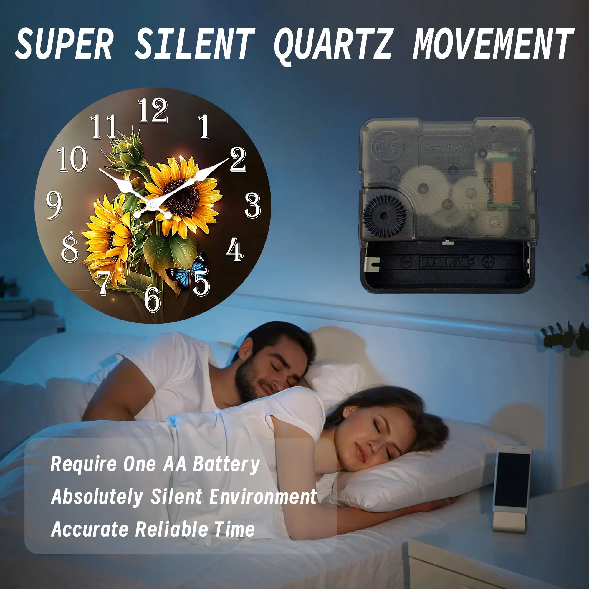 1pc wooden wall clock beautiful sunflower and blue butterfly design silent - suitable for living room bedroom