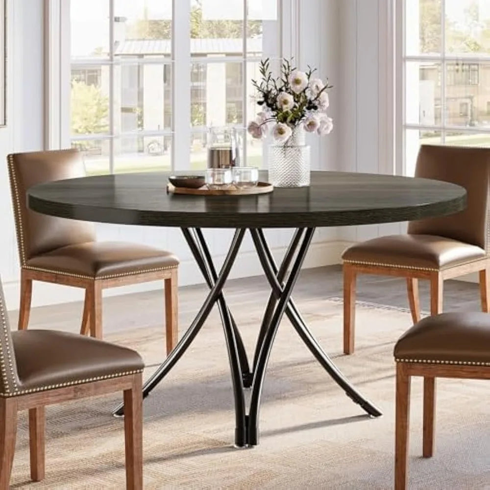 Modern wooden 47’’ round dining table for 4-6 people with sturdy metal cross base - united states / black