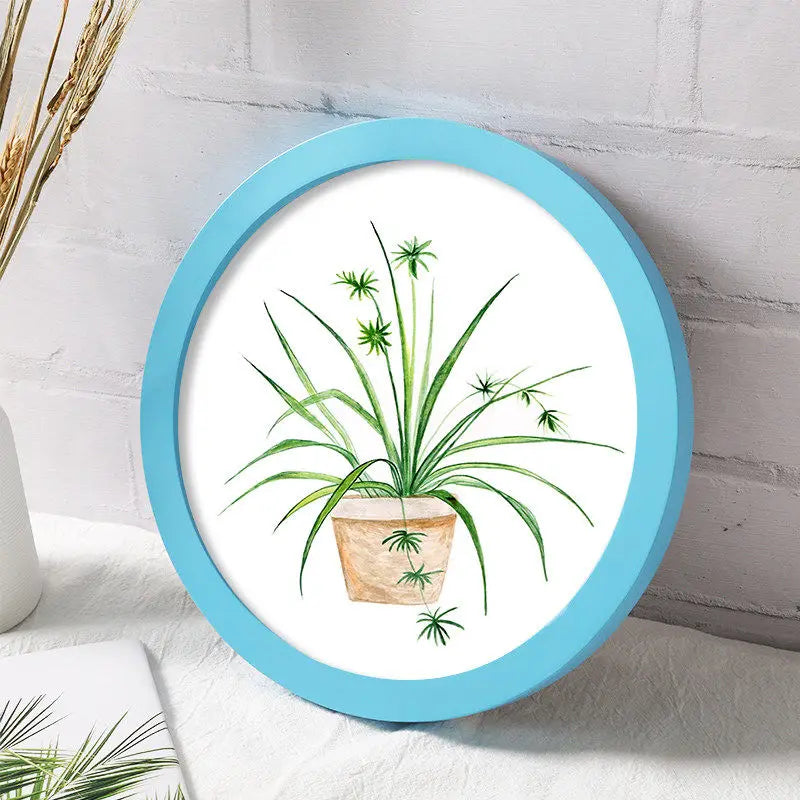 Classic wood round photo frame simple nordic style picture frames hanging solid color background wall decoration - blue