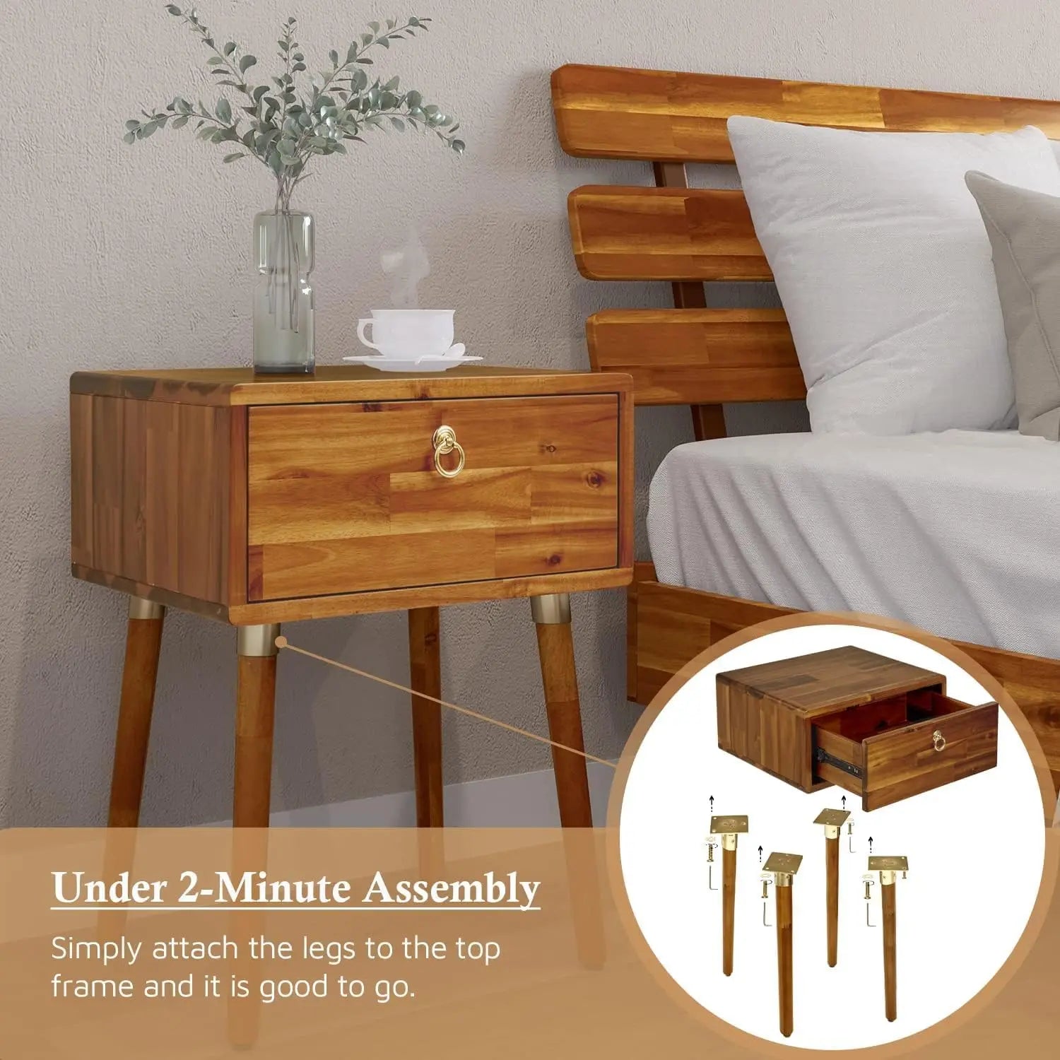 Solid wood nightstand/side table/end table fully assembled with 1-drawer for mid century bedroom and living room