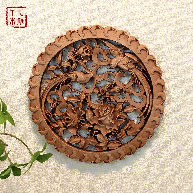 Chinese style wooden wall art camphor wood carving round floral bird decor for living room & bedroom decoration