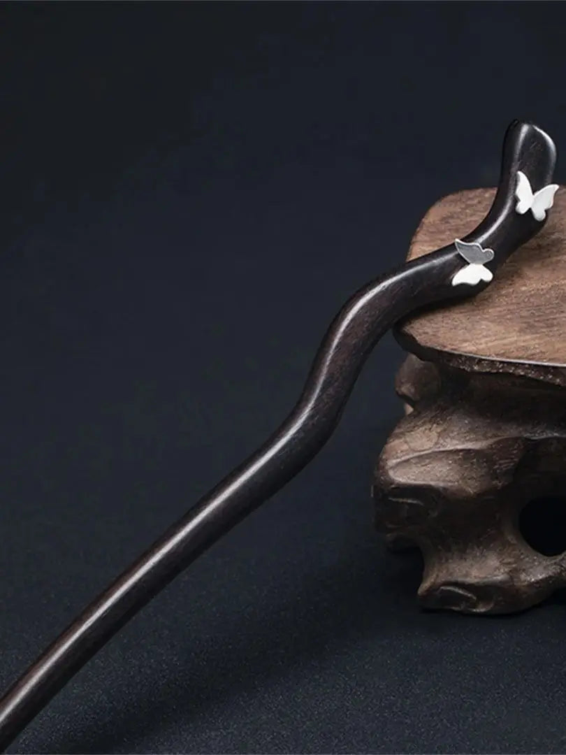 New 100% s925 pure silver women’s men retro hairpin ebony wood literary butterfly chinese style hanfu hair accessories