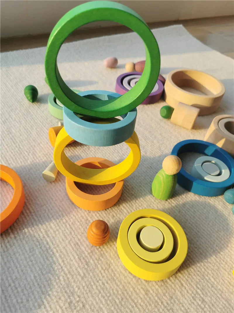 Kids rainbow wooden nest rings unpaint beech stacking blocks creative loose parts montessori toys - game