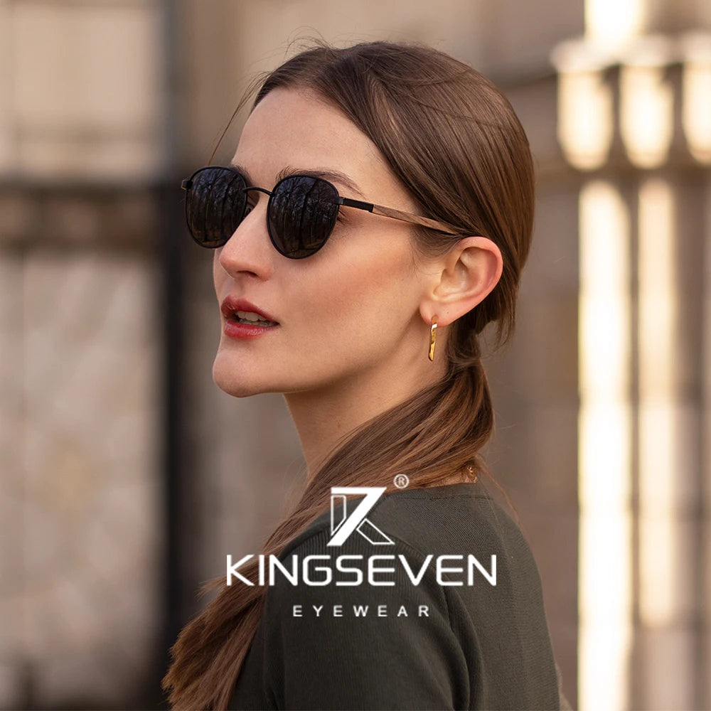 Kingseven brand polarized wooden sunglasses for men women uv400 mirror lens male eyewear round frame handmade causal